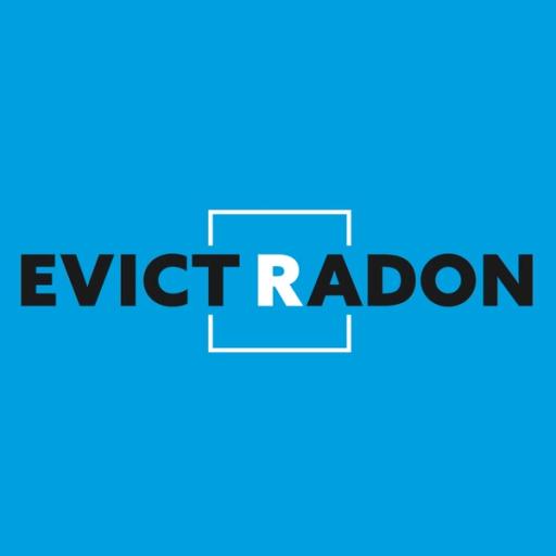 Evict Radon logo in black and white on a blue background