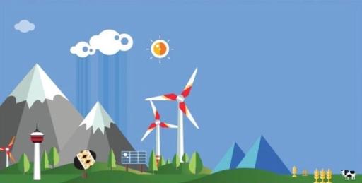 Vector art of wind farm near the mountains and Calgary tower