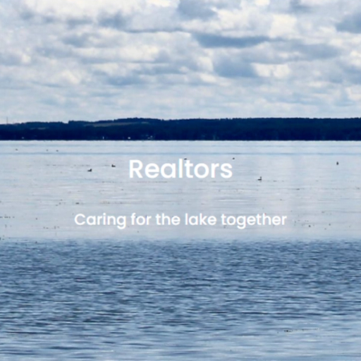 Text reading "Realtors: Caring for the lake together" overlaying a photo of a pond