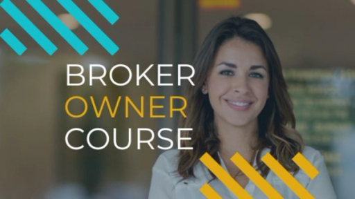 Text reading "Broker Owner Course" with a photo of a smiling woman in the background