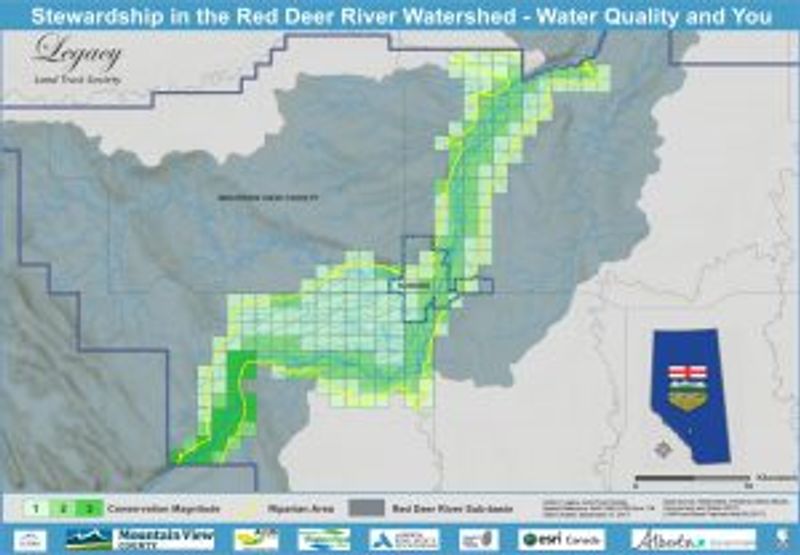 Text reading "Water Quality and You: Stewardship in the Red Deer Watershed" overlaying a satellite image