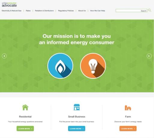 Screenshot of Utilities Consumer Advocate website frontpage, with the hero image reading 'Our mission is to make you an informed energy consumer'