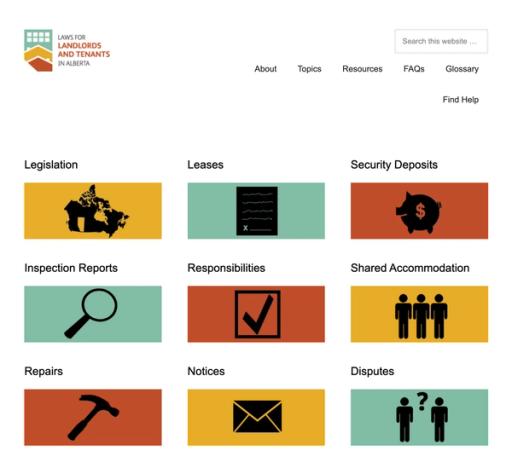 Screenshot of 'Laws for Landlords and Tenants In Alberta' website front page.