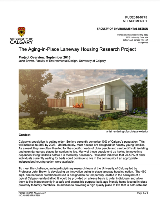 Cover page for The Aging-in-Place Laneway Housing Research Project document