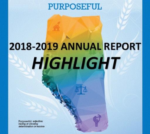 Report cover reading "Purposeful: 2018-2019 Annual Report Highlight"