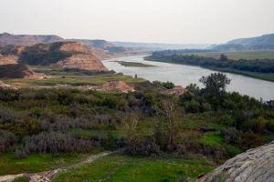 View of badlands ecosystem near a river