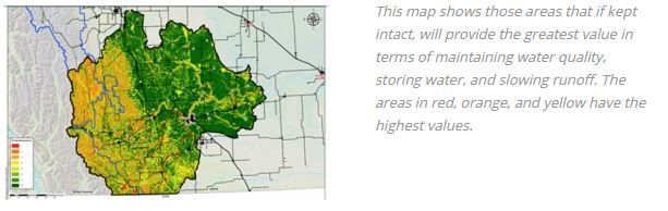 This map shows those areas that if kept intact, will provide the greatest value in terms of maintaining water quality, storing water, and slowing runoff. The areas in red, orange, and yellow have the highest values.