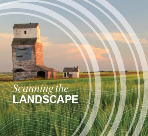 Photo of tall grain elevator with text in the foreground reading "Scanning the Landscape"