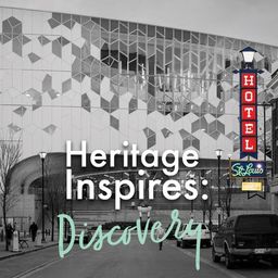 The text Heritage Inspires: Discovery overlaying a photo of the Calgary Central Library