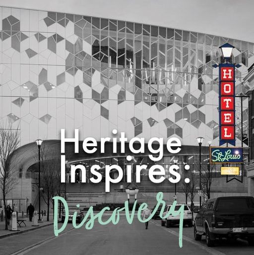 The text Heritage Inspires: Discovery overlaying a photo of the Calgary Central Library