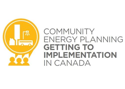 Text on a white backdrop reading 'Community Energy Planning: Getting to Implementation in Canada' alongside a yellow icon representing buses, housing, and skyscrapers.