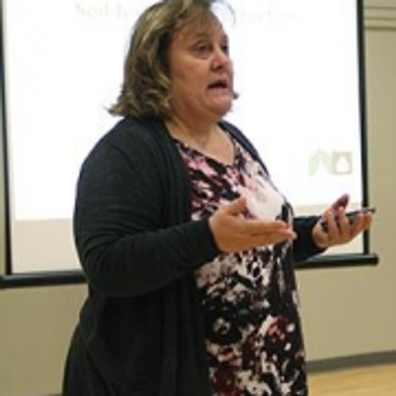 A woman presents in front of a class