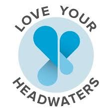 Text reading 'Love your Headwaters' on a white backdrop with a blue logo in the middle