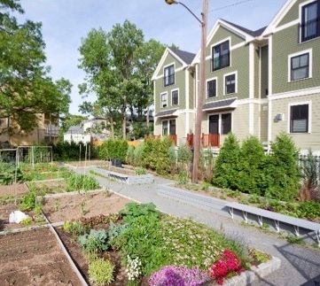 A shared garden in a townhome complex.
