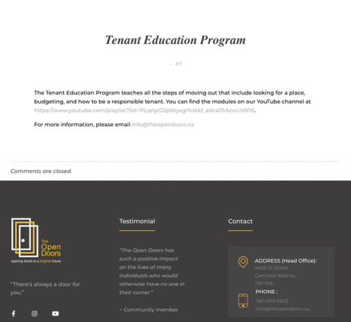Screenshot of Tenant Education Program details on The Open Doors website.
