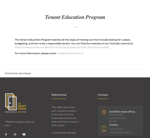 Screenshot of Tenant Education Program details on The Open Doors website.