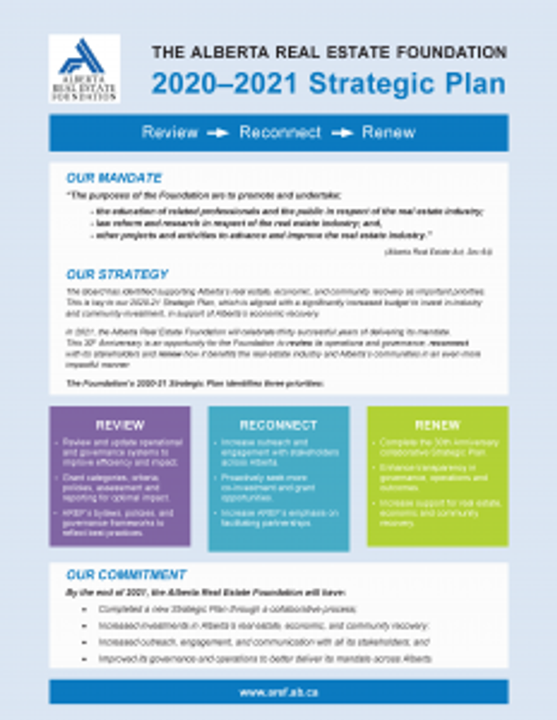 Infographic for Alberta Real Estate Foundation's 2020-2021 Strategic Plan