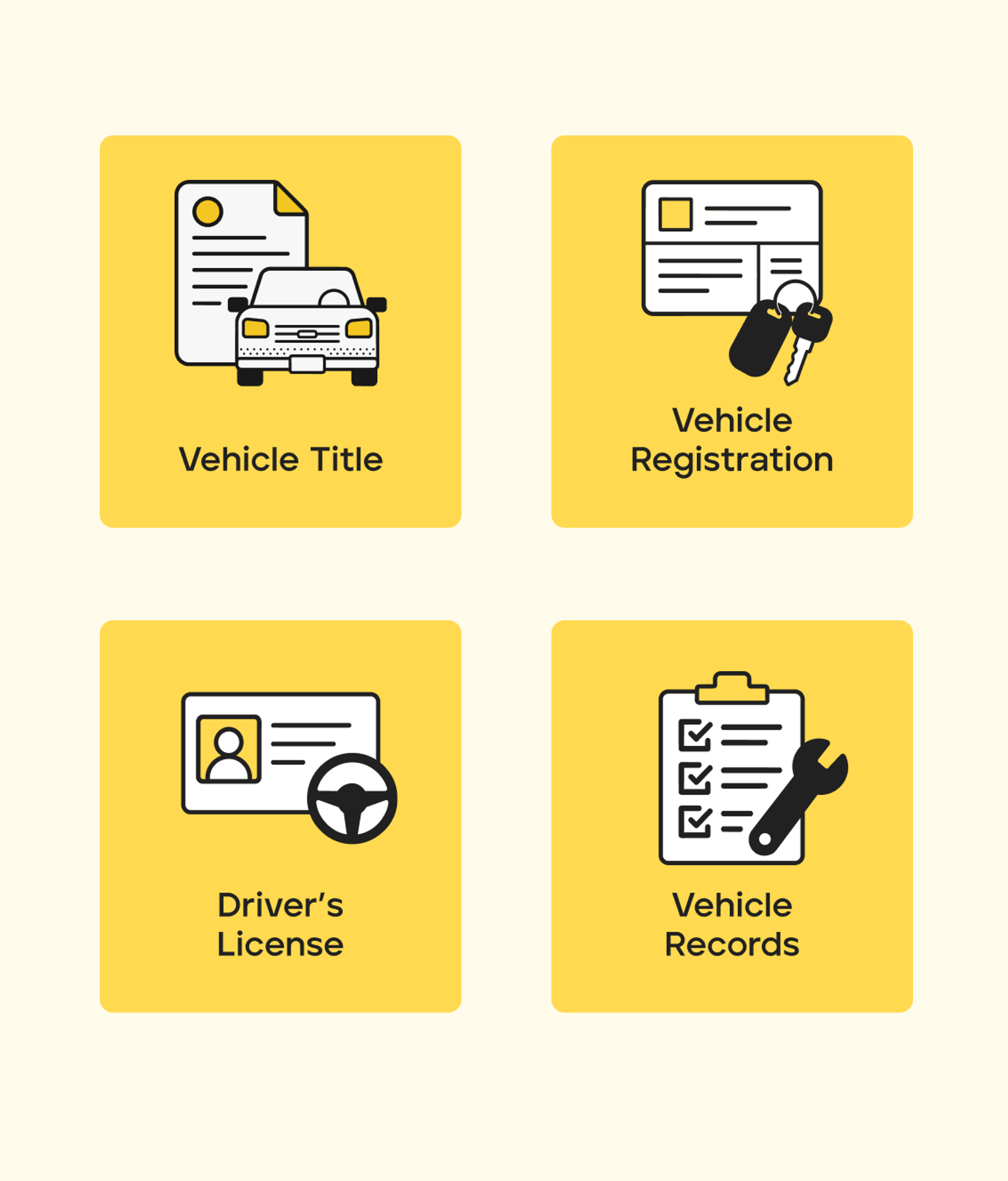 Checklist of documents needed before selling a car: vehicle title, registration, driver's license, and vehicle service records