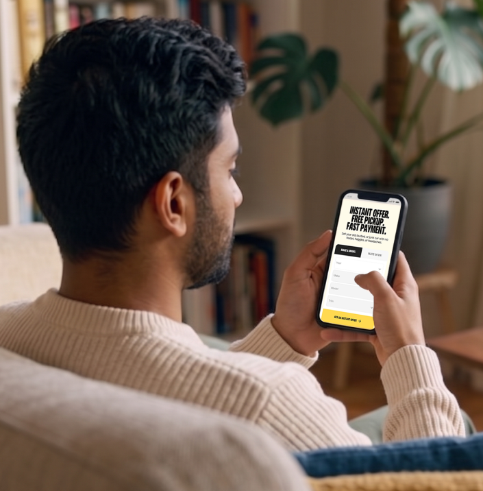 Man relaxing on a couch and smiling while getting an instant online offer to sell his junk car