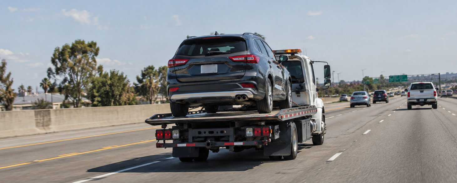 Damaged black SUV with a crushed rear end loaded on a flatbed tow truck for junk car removal