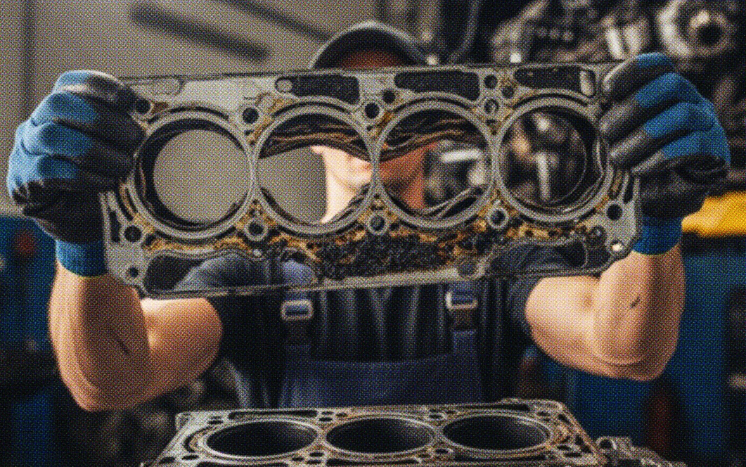 Mechanic holding a damaged engine head gasket removed from an engine block, showing signs of a blown head gasket and internal engine failure.
