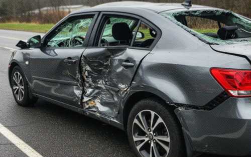 Damaged car with smashed side and broken windows after an accident.