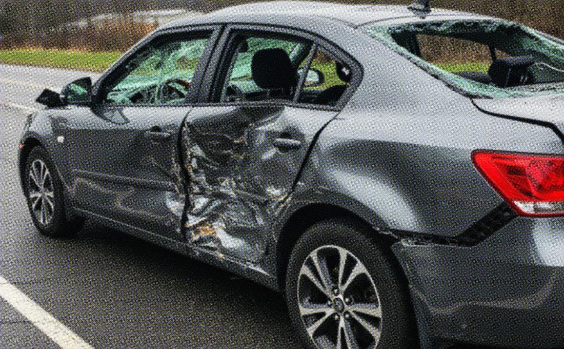 Damaged car with smashed side and broken windows after an accident.
