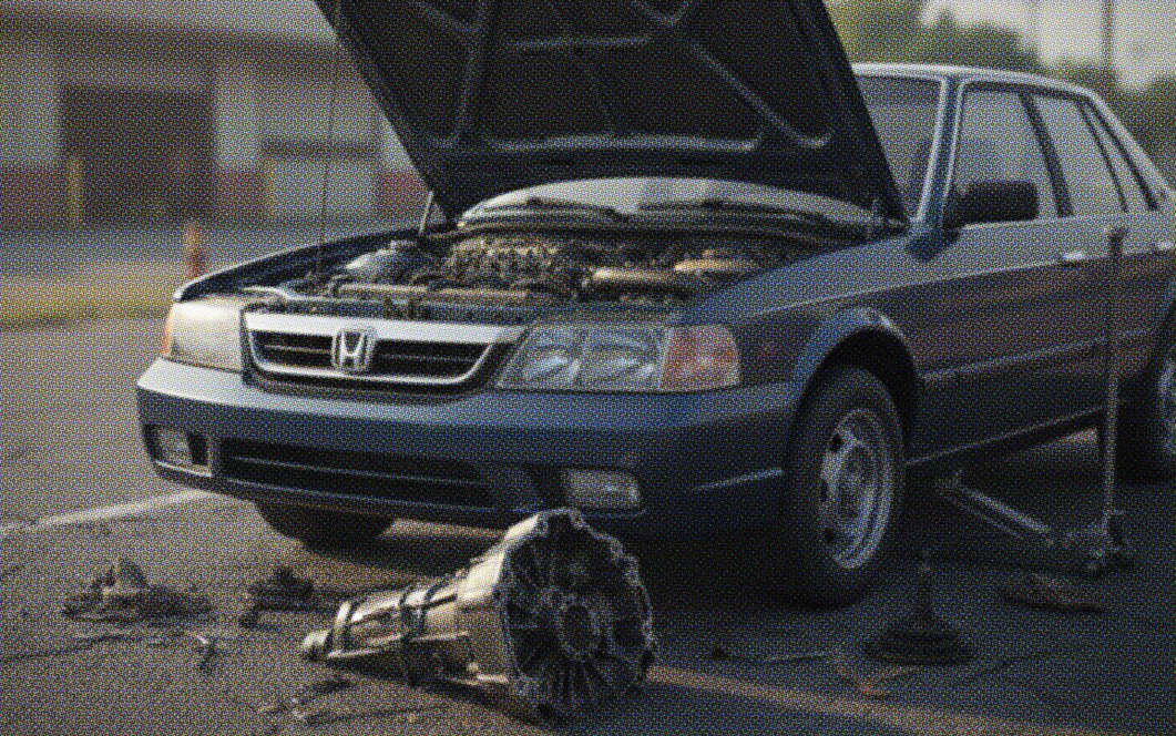 Older Honda sedan with the hood open and a blown transmission lying on the pavement, showing severe mechanical failure in a parking lot.