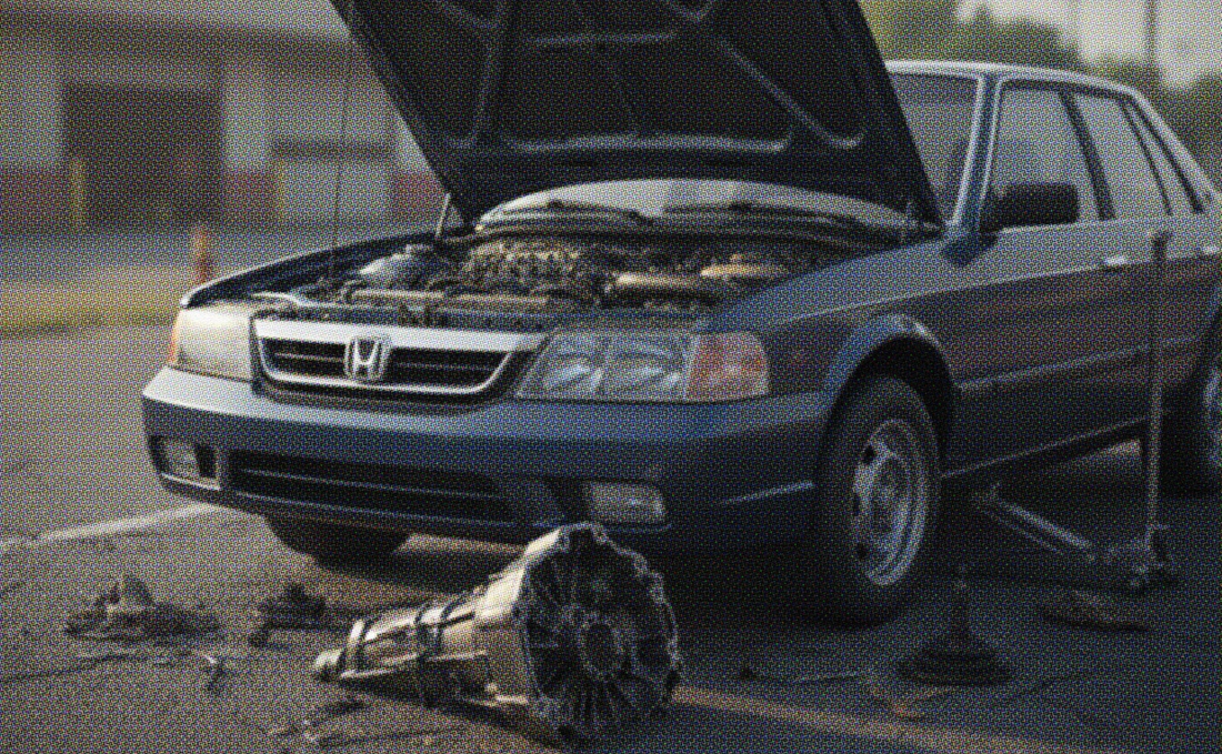 Older Honda sedan with the hood open and a blown transmission lying on the pavement, showing severe mechanical failure in a parking lot.