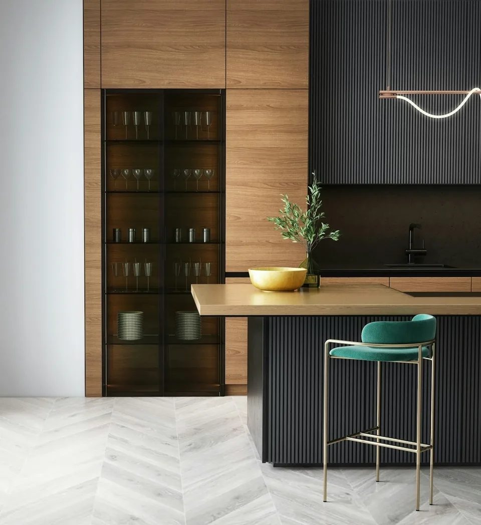 Reference timber cabinetry beside a green upholstered chair