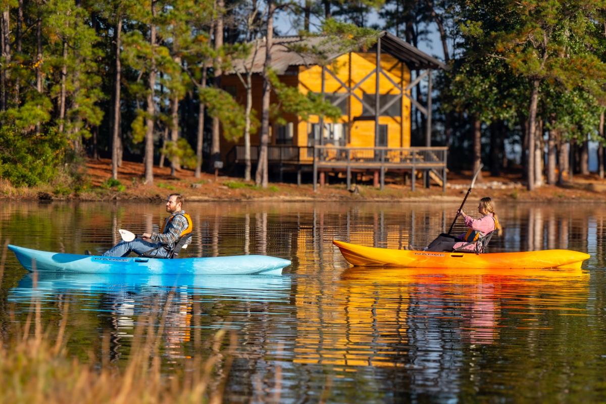 Flint Creek Water Park lake and pine shoreline at Wiggins, Mississippi
