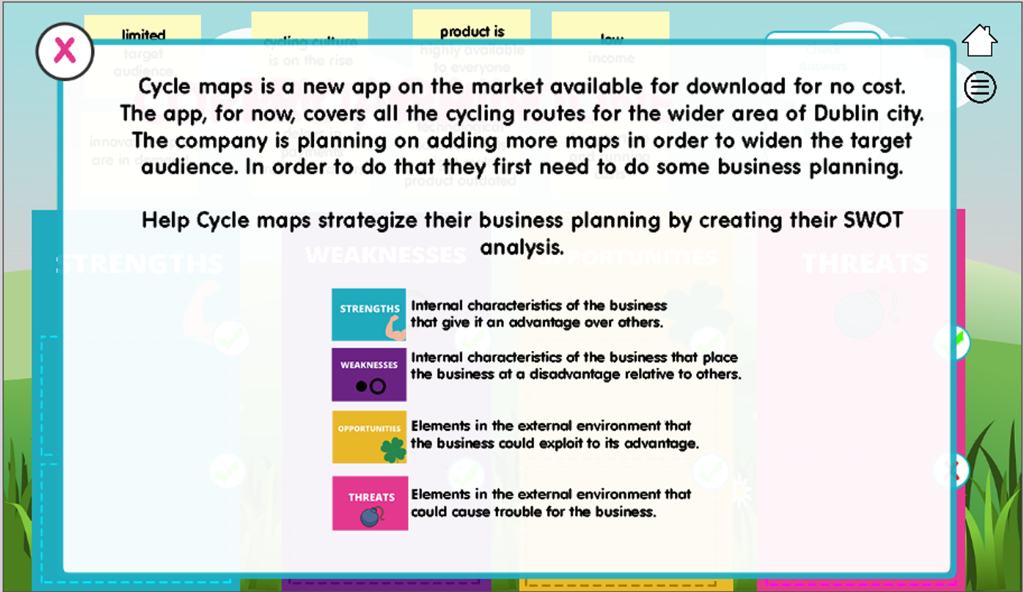 SWOT analysis tool, created in GDevelop.
