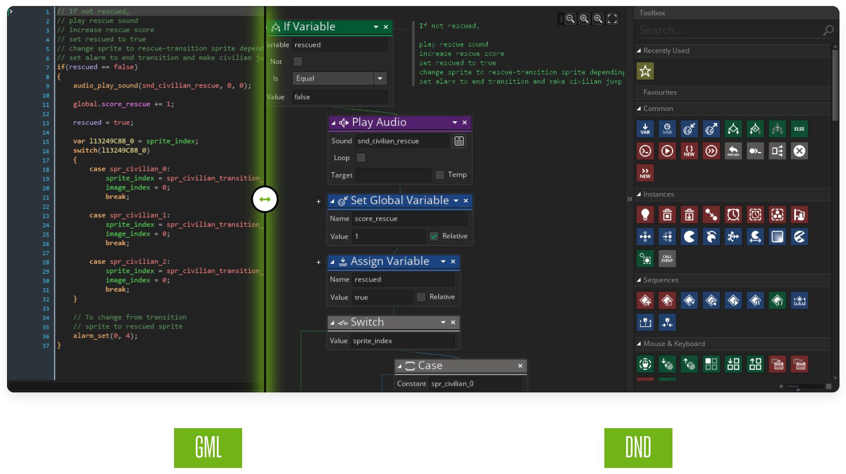 GameMaker's programming language and drag and drop editor.