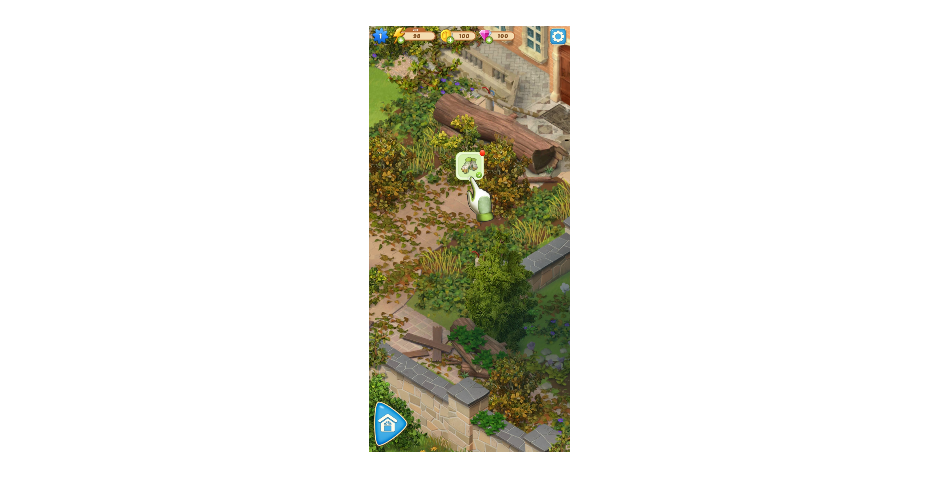 A garden scene in a mobile game with a glowing task icon and a tutorial hand guiding the player to collect or interact with an object.