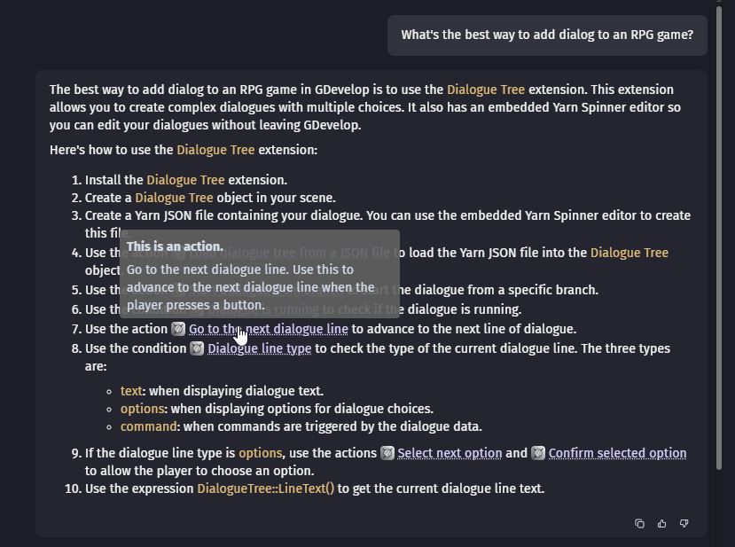 Asking the AI Chat about how to implement new features to a game.