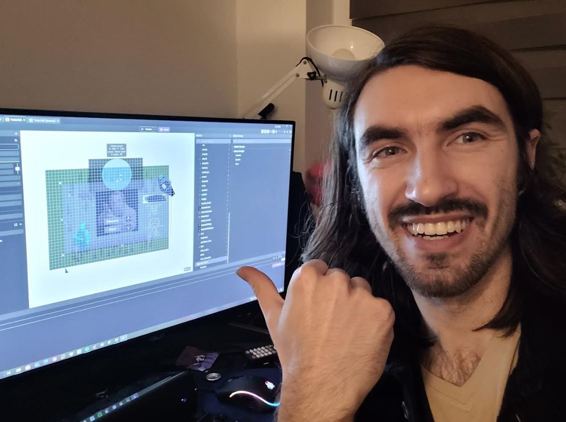 Piotr with his GDevelop workflow.