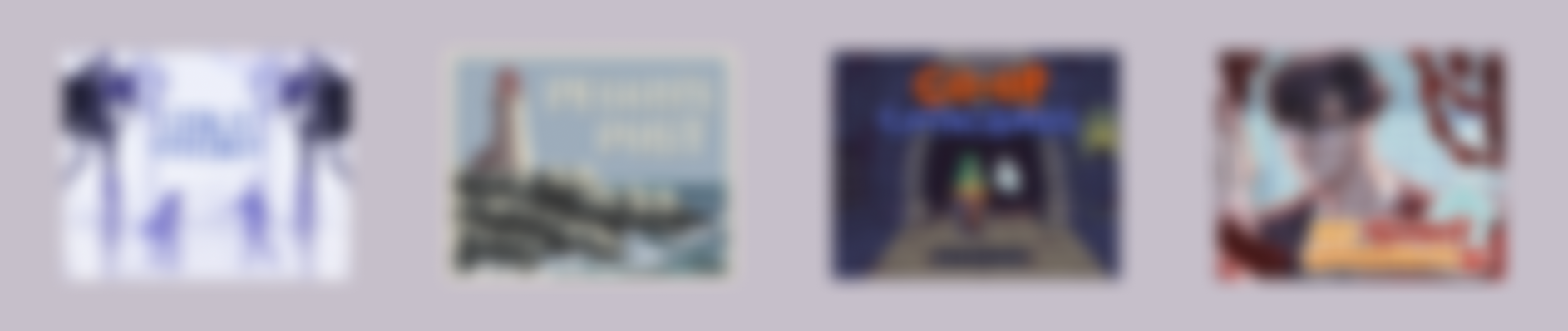 A set of four polished game thumbnails featuring distinct styles: a futuristic sci-fi theme with robotic elements, a coastal lighthouse scene, a pixel-art cave exploration game, and an anime-style portrait of a dark-haired character.