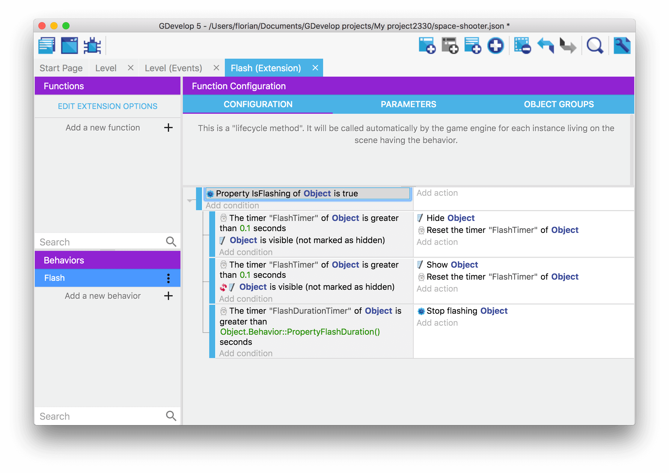 Flash is a custom behavior that is created directly from GDevelop - allowing an object to blink