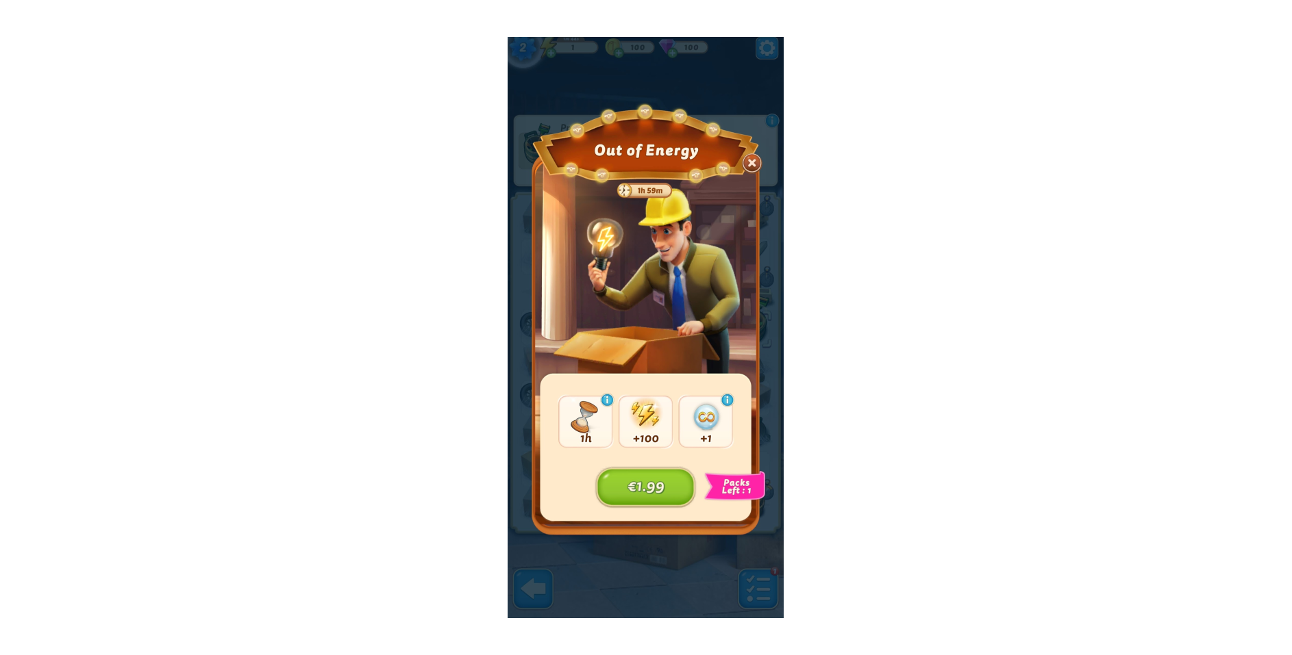 “Out of Energy” pop-up in a mobile game with options to buy energy or boosters, including a timer and a cartoon builder character.