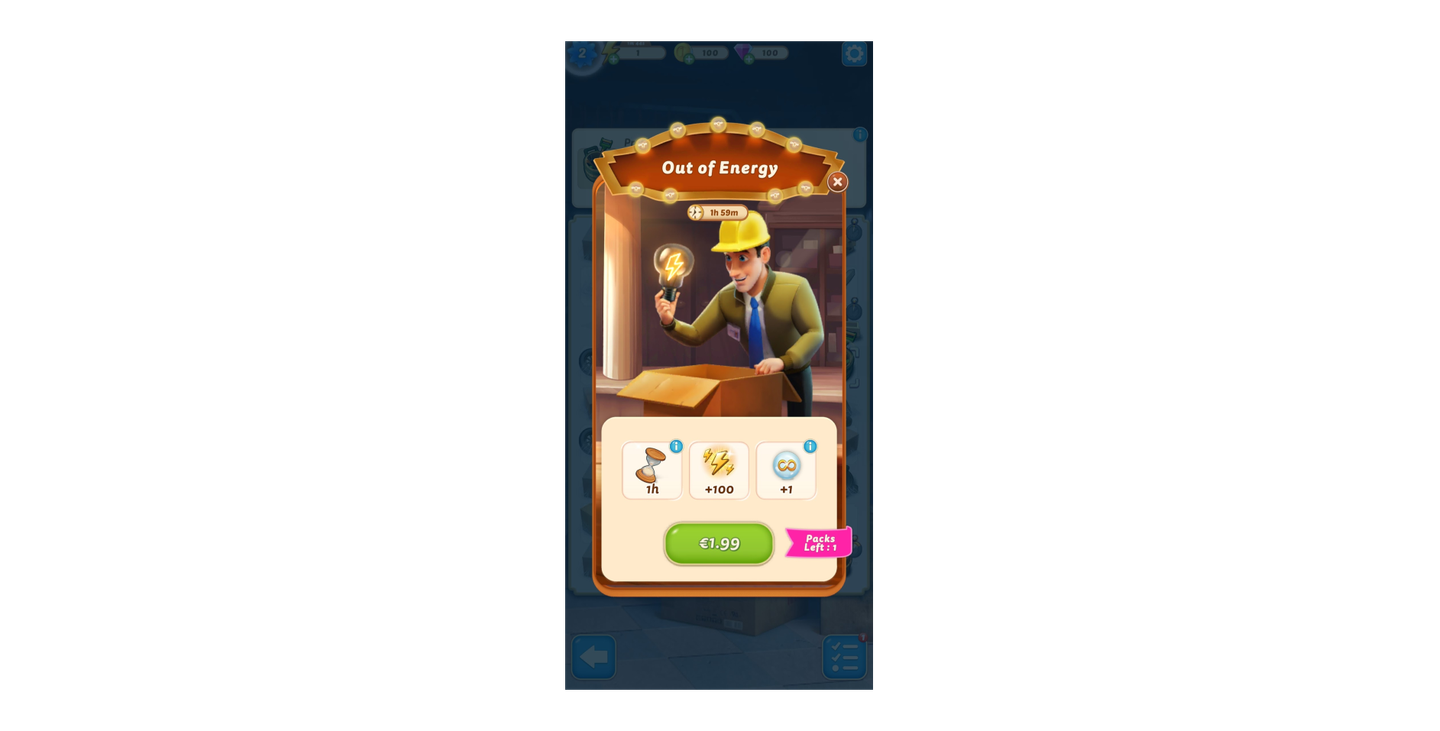 “Out of Energy” pop-up in a mobile game with options to buy energy or boosters, including a timer and a cartoon builder character.