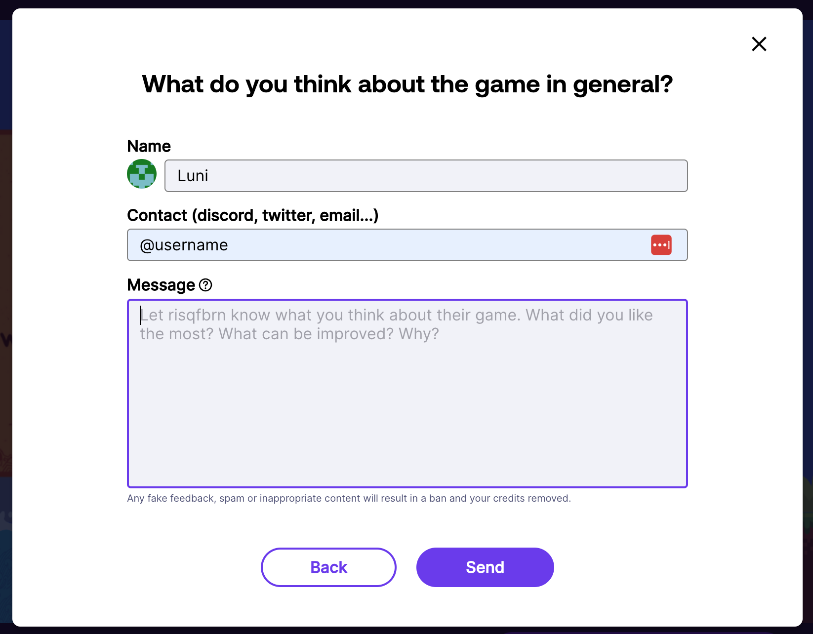gd.games interface displaying the title "What do you think about the game in general?", and 3 inputs to be filled by the player: name, contact information and feedback message.