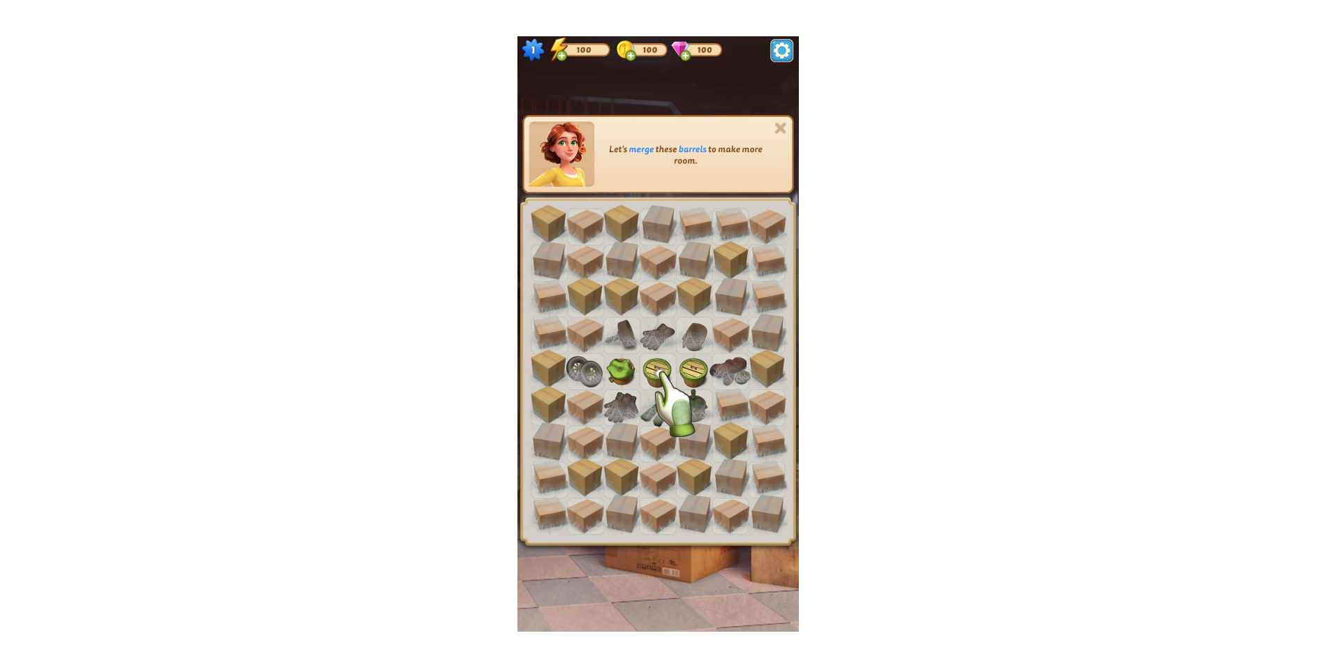 Puzzle grid in a merge-style mobile game with a character prompt saying “Let’s merge these barrels,” guiding the player through the tutorial.