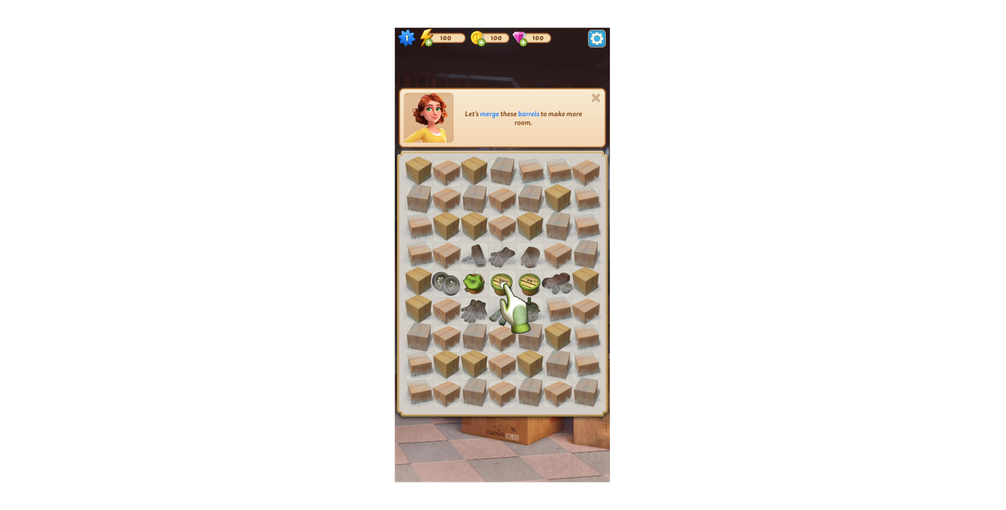 Puzzle grid in a merge-style mobile game with a character prompt saying “Let’s merge these barrels,” guiding the player through the tutorial.