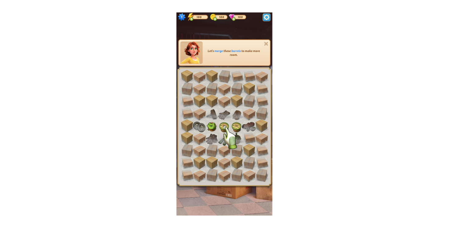 Puzzle grid in a merge-style mobile game with a character prompt saying “Let’s merge these barrels,” guiding the player through the tutorial.