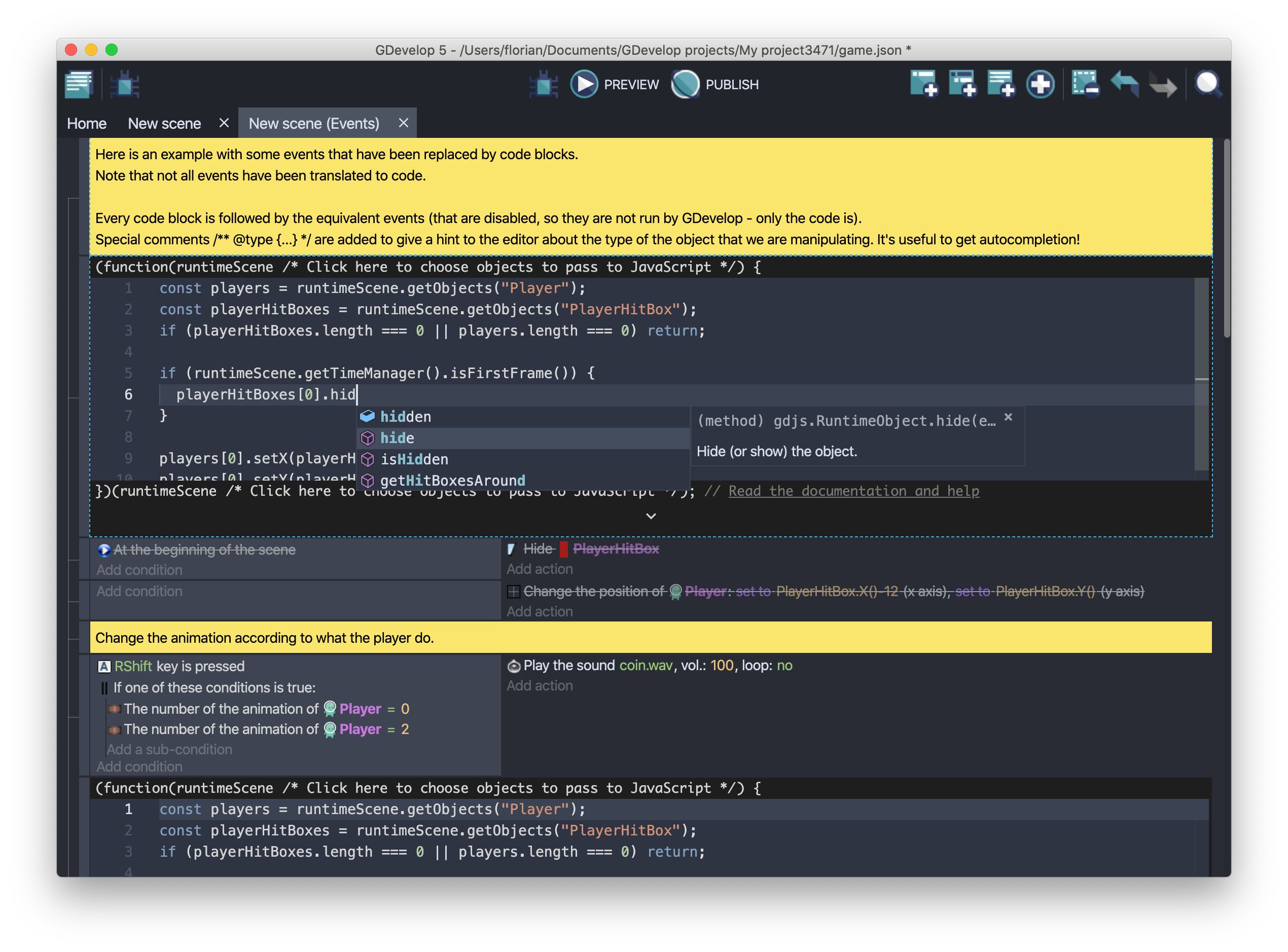 The Dark theme being used in GDevelop. The code editor also comes bundled with several beautiful themes!