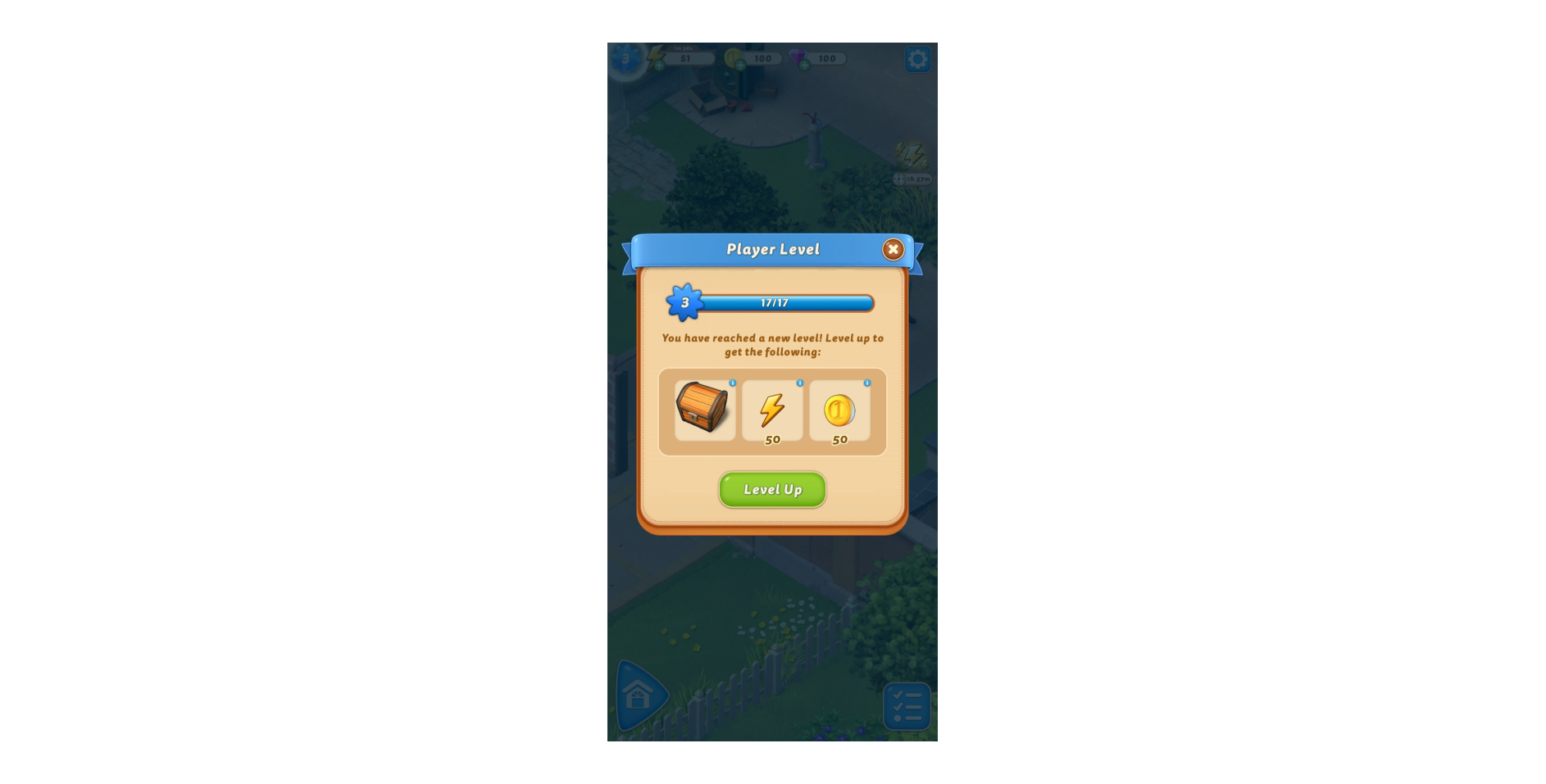 Player level-up screen in a mobile game, displaying a reward chest, energy, and coins for reaching level 3 with a “Level Up” button.