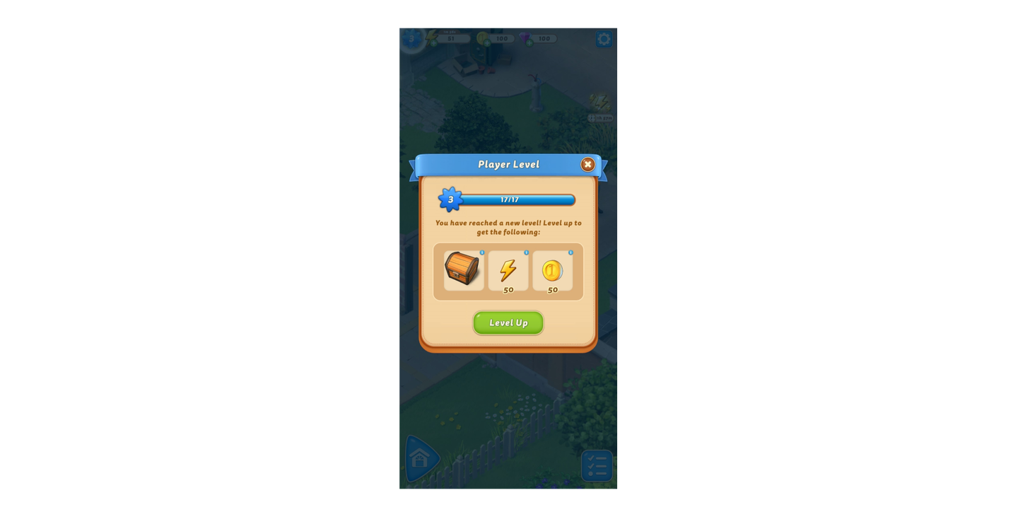 Player level-up screen in a mobile game, displaying a reward chest, energy, and coins for reaching level 3 with a “Level Up” button.