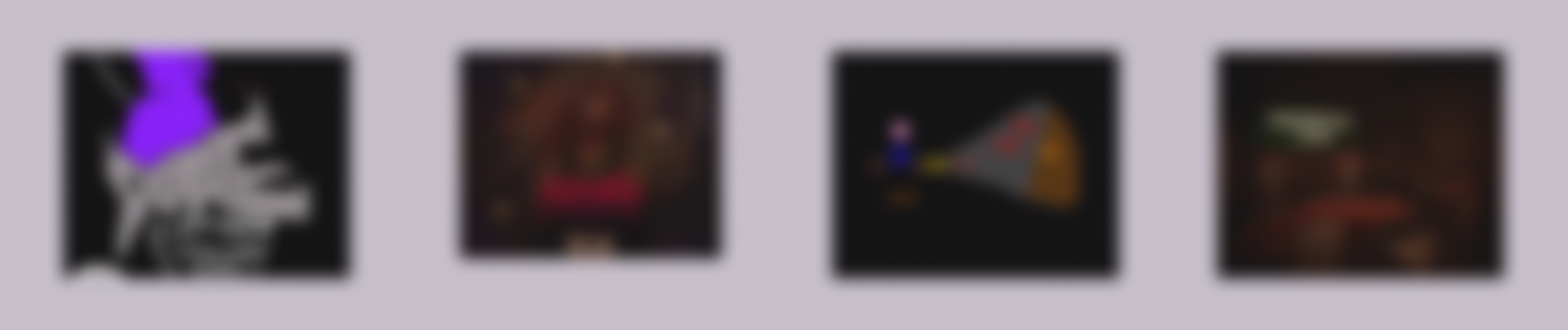 A row of four dark, moody game thumbnails including abstract sketch art with neon, a fiery lion face titled “BEAST,” a pixelated flashlight scene in a cave, and a dimly lit bar interior in a top-down view.