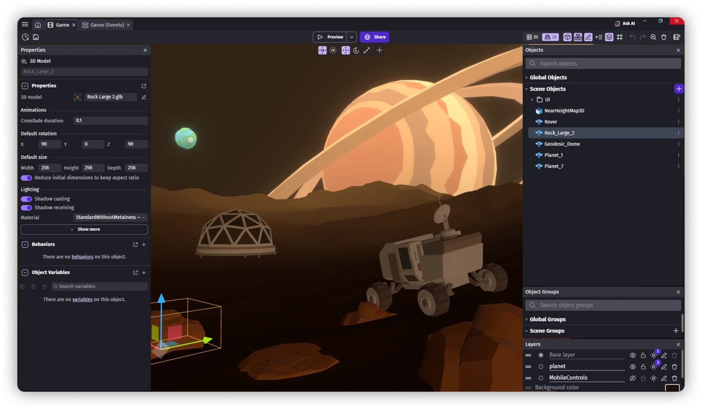 Real-time rendering of Fog, Light, and Bloom layer effects in GDevelop's 3D editor