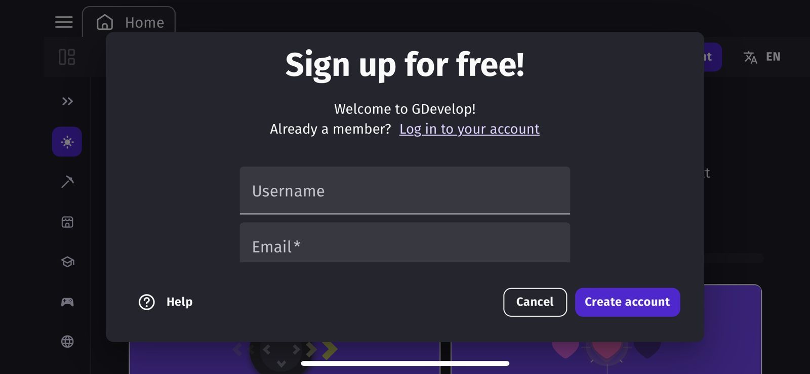 Sign up for a GDevelop account